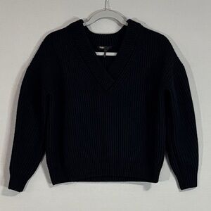 Maje “Master” Ribbed Knit V-Neck Sweater Black Wool Blend Size 1 Small